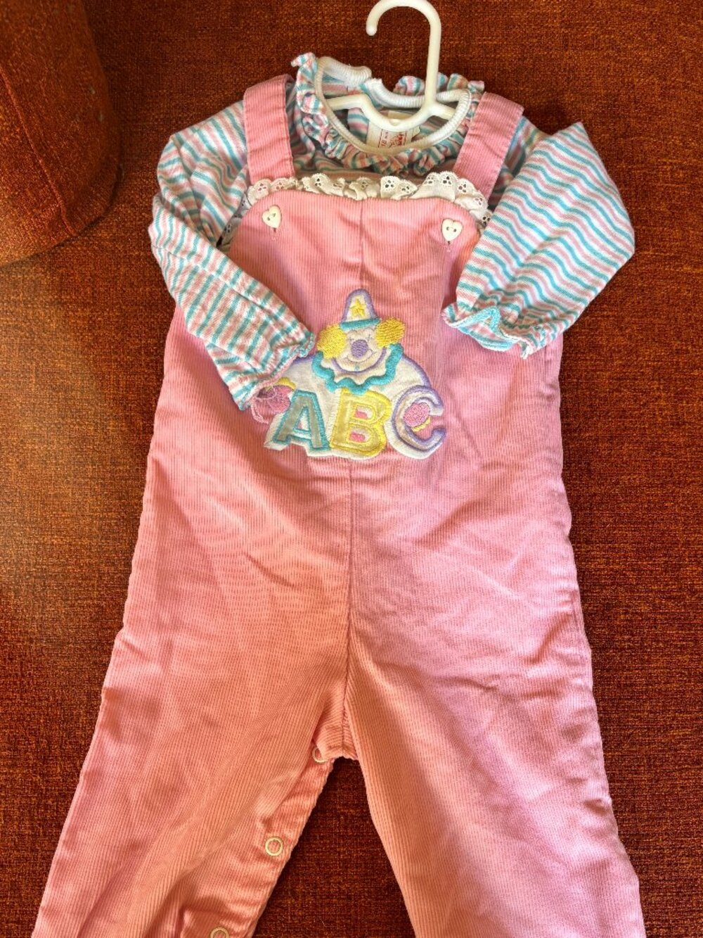 Vintage Buster Brown 18 Months Pink Corduroy Overalls and Striped Shirt Set